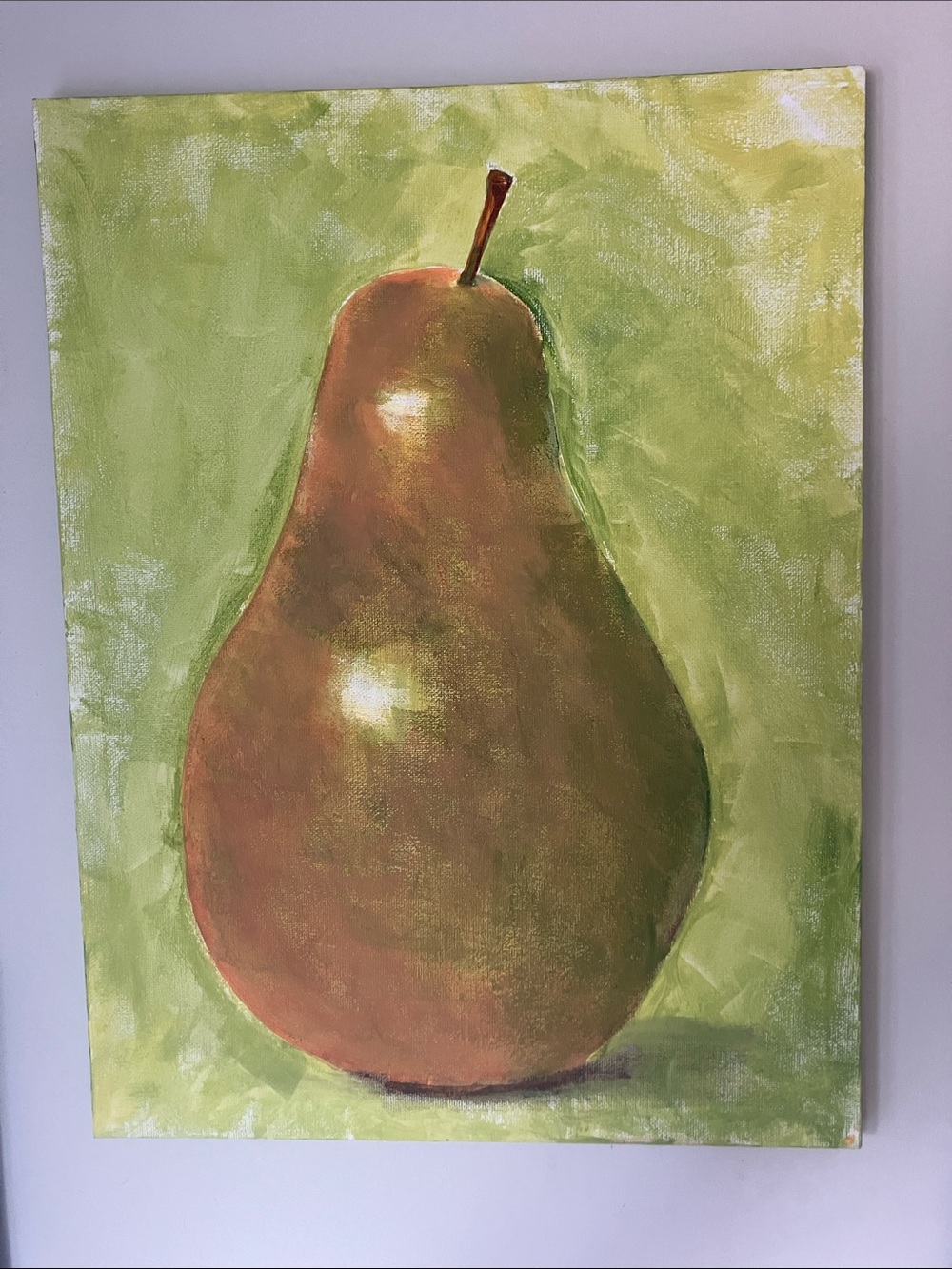Hand-Painted Pear Canvas Art - Green and Brown. 16x12”